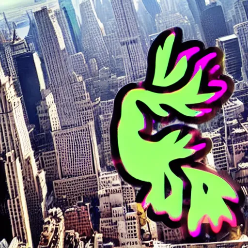 Prompt: a neonpunk avatar chicken, flying over new york