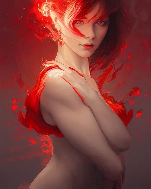 Image similar to emily rajtkowski, lake, red, flames everywhere, highly detailed, digital painting, artstation, concept art, smooth, sharp focus, illustration, art by artgerm and greg rutkowski and alphonse mucha