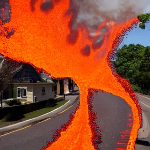 Prompt: streets filled with lava, suburban hot sunny day