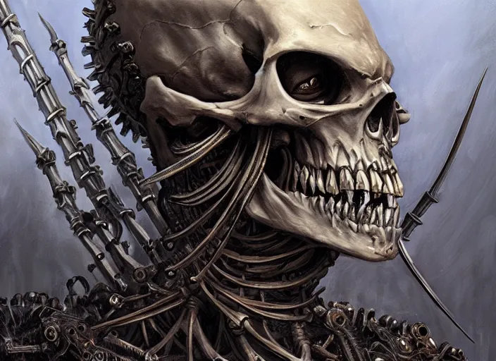 Image similar to an intricate skeletal mechanical evil warrior, highly detailed 4 k painting, dramatic cold light, style of gerald brom