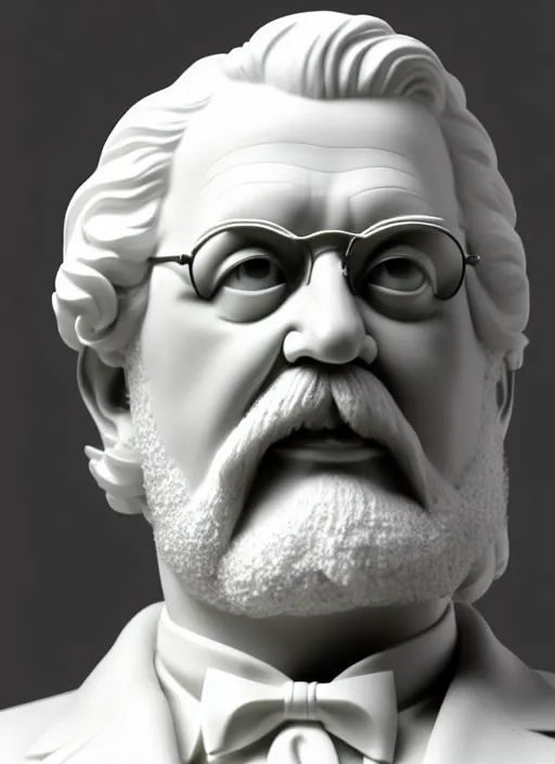 Image similar to colonel sanders as marble statue by michaelangelo, realistic 3 d render, high lights, 4 k, high detailed photography cape, 5 0 mm lens, depth of field, cinematic