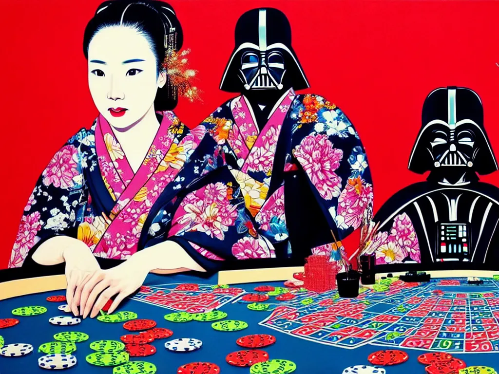 Prompt: hyperrealistic composition of the detailed woman in a japanese kimono sitting at a extremely detailed poker table with detailed darth vader, fireworks, mount fuji on the background, pop - art style, jacky tsai style, andy warhol style, acrylic on canvas