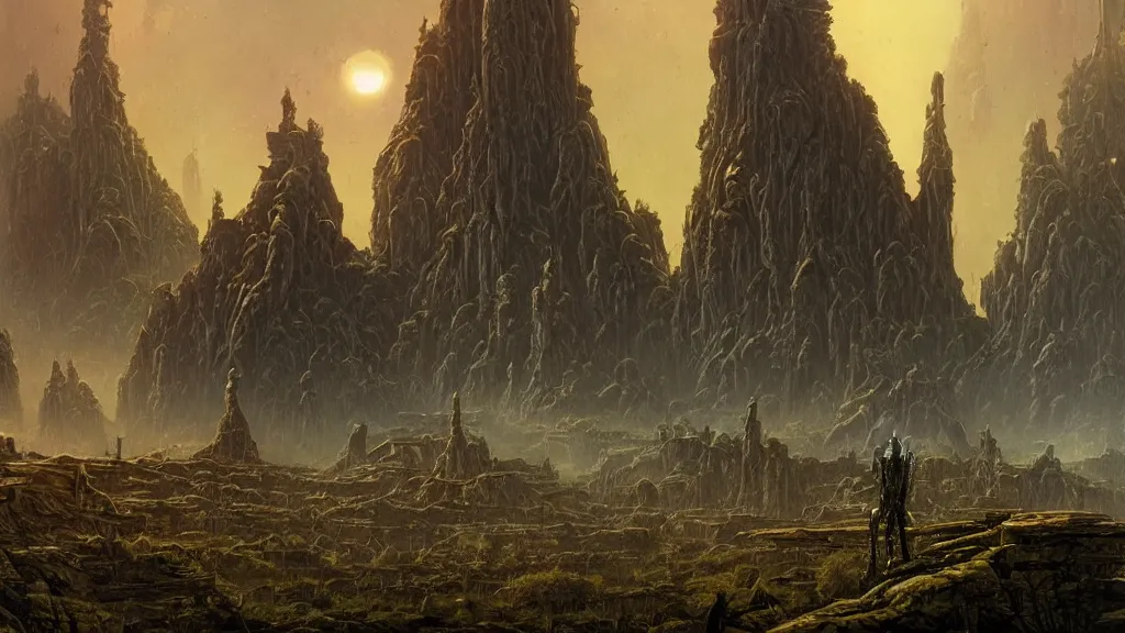 Image similar to eerie atmospheric alien planet with biomechanical plants and the ruins of civilization by les edwards and vincent di fate and anato finnstark, epic cinematic matte painting