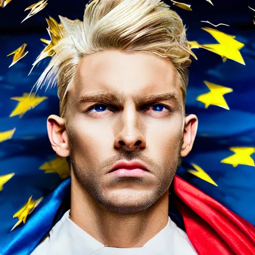 Image similar to portrait of a blonde masculine man two sides hair and thin face lines, his cape is the american flag, he is angry, his costume is blue with yellow eagles head on the shoulders, 8 k, hyper realistic, movie imax shot, film, cinematography, red