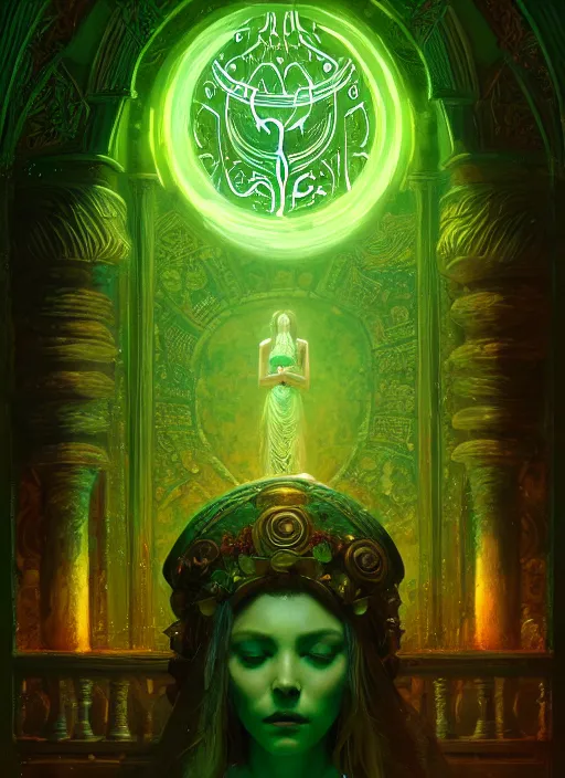 Prompt: portrait of the goddess of life, green glowing runes, overgrown altar, intricate, elegant, glowing lights, highly detailed, digital painting, artstation, concept art, smooth, sharp focus, illustration, art by wlop, mars ravelo and greg rutkowski