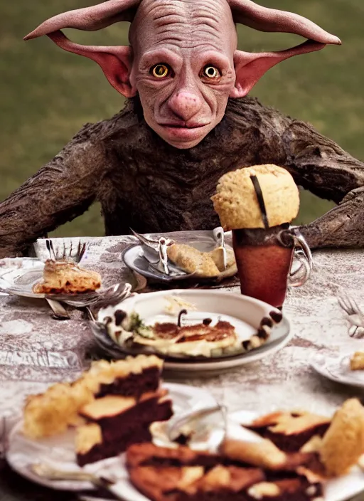 Image similar to closeup portrait of a medieval goblin eating cakes in the cloisters, depth of field, zeiss lens, detailed, symmetrical, centered, fashion photoshoot, by Annie Leibovitz and Steve McCurry, David Lazar, Jimmy Nelsson, Breathtaking, 8k resolution, extremely detailed, beautiful, establishing shot, artistic, hyperrealistic, beautiful face, octane render