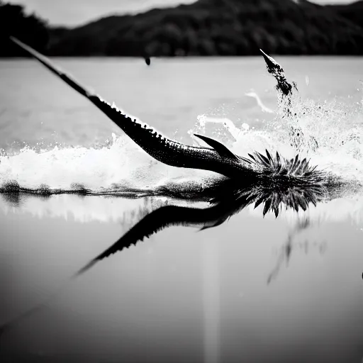 Image similar to a real life gyarados swimming in a lake, proof photograph, black and white, blurry, old camera, grainy, motion blur, unfocused