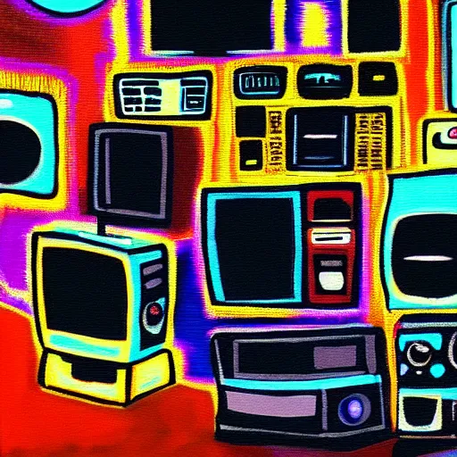 Image similar to fuzzy, furry, array of crt televisions, tv static, antenna, stacked, polaroid, steroids, adult video store, impressionist painting, painting, acrylic painting, cell shaded