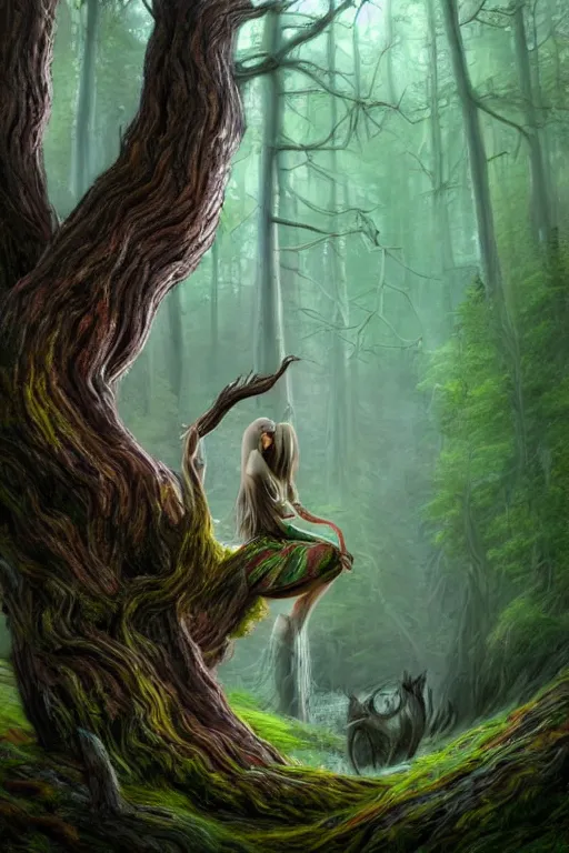 Image similar to gaelic forest spirit, qirin, god, deity, serene, wide angle, super highly detailed, professional digital painting, artstation, concept art, smooth, sharp focus, no blur, no dof, extreme illustration, Unreal Engine 5, Photorealism, HD quality, 8k resolution, cinema 4d, 3D, beautiful, cinematic, art by artgerm and greg rutkowski and alphonse mucha and loish and WLOP