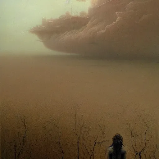 Image similar to A beautiful painting of A plain by Zdzisław Beksiński and Ilya Repin,In style of Post-Apocalyptic.digital art, illustration,hyper detailed,smooth, sharp focus,trending on artstation,oil on the canvas,4k
