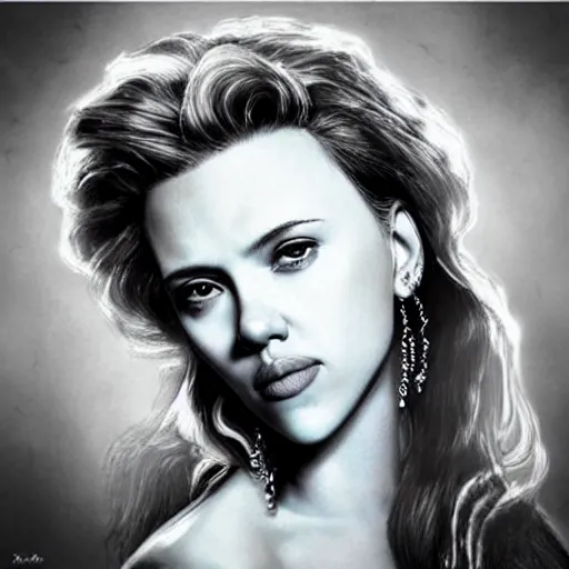 Image similar to “Scarlett Johansson portrait, fantasy, mermaid, cartoon, pearls, glowing hair, ”