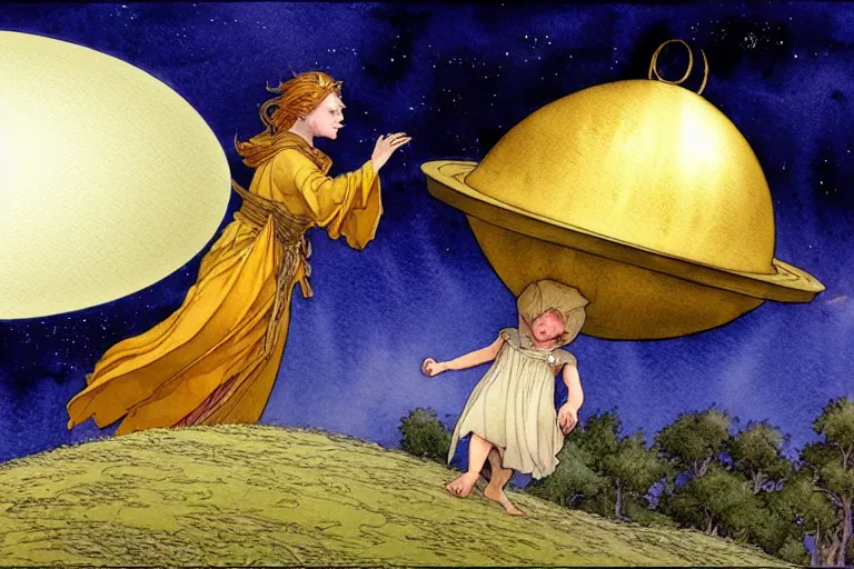 Image similar to a hyperrealist watercolor concept art of an elegant golden ufo in the sky abducting a medieval peasant child. very muted colors, by rebecca guay, michael kaluta, charles vess. high detail, hq, wide shot, 4 k