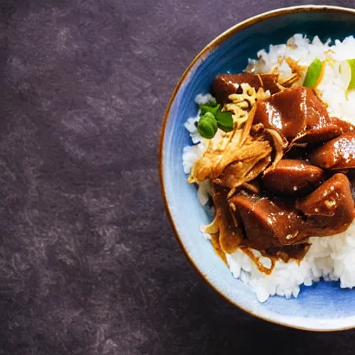 Image similar to Murasaki Shikibu eats a bowl of adobo