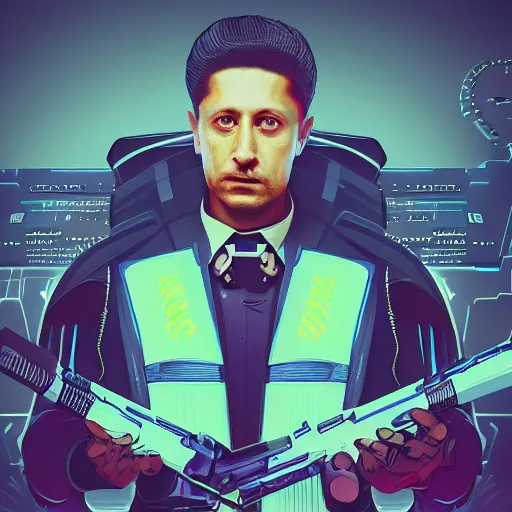 Image similar to cyberpunk volodymyr zelensky as the leader of a futuristic communist nation, cybernetics, sharp lines, digital, artstation, colored in