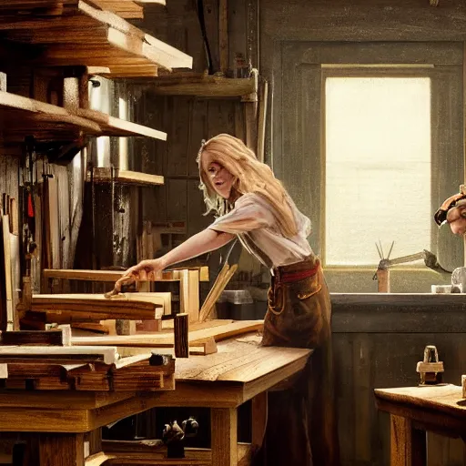 Image similar to highly detailed oil painting | very intricate | cinematic lighting | award - winning | sabrina carpenter as a simple carpenter fine craftsman | building a wooden table in their well organized clean workshop | beautiful cinematic light, american romanticism, by huang guangjian, gil elvgren, ruan jia, randy vargas, greg rutkowski, artstation, cgsociety, official art, octane