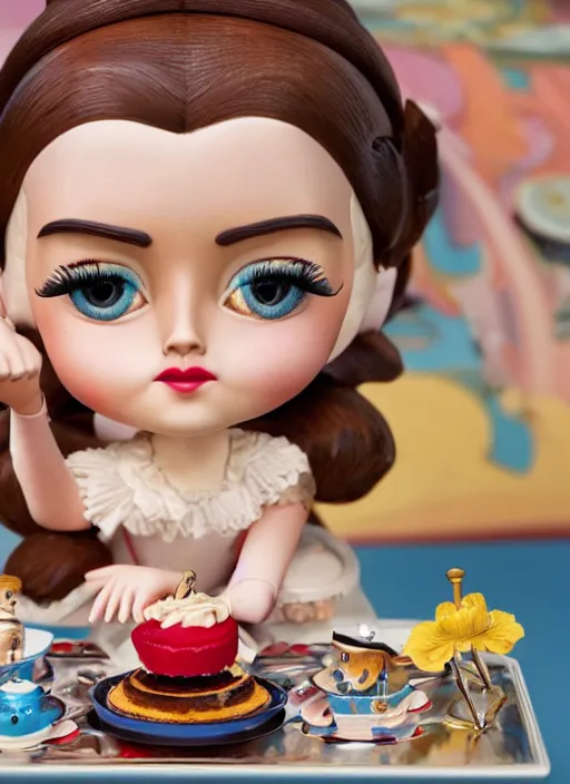 Image similar to closeup portrait of tin toy tin toy emma watson eating cakes, depth of field, zeiss lens, detailed, symmetrical, centered, fashion photoshoot, by nicoletta ceccoli, mark ryden, lostfish, earl nore, hyung tae, frank frazetta, breathtaking, 8 k resolution, extremely detailed, beautiful, establishing shot, artistic, hyperrealistic, octane render