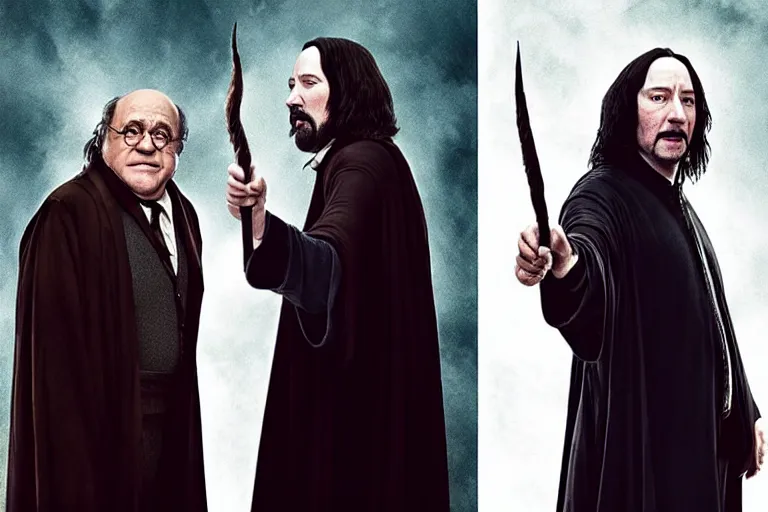 Image similar to Movie poster with Danny DeVito as Albus Dumbledore and Keanu Reeves as Severus Snape and Snoop Dog as Harry Potter