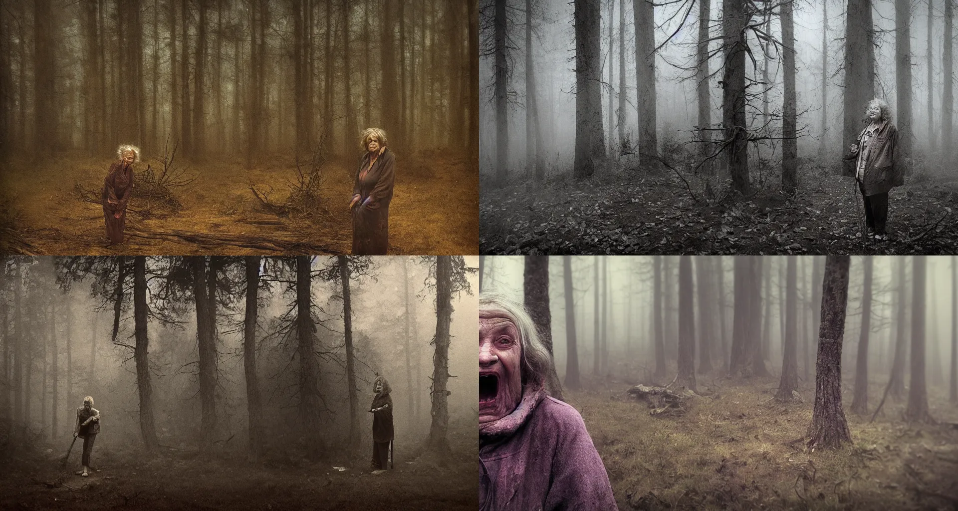 Prompt: portrait of an ugly old woman with sinister face and dirty clothes standing outside of an old cabin and forest in the background, blurry background, macro, strong depth of field, moody, utopian looking, 80s, hyperrealistic, dramatic lighting, cinematic, matte painting, vivid, style by Zdzsislaw Beksinski