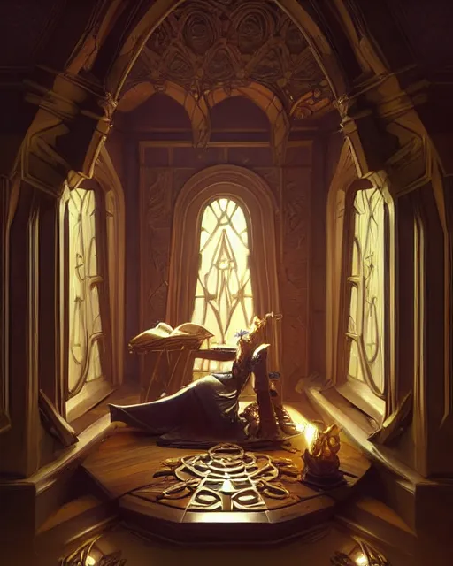 Image similar to a normal room with a subtle optical illusion , deep focus, D&D, fantasy, intricate, elegant, highly detailed, digital painting, artstation, concept art, matte, sharp focus, illustration, hearthstone, art by Artgerm and Greg Rutkowski and Alphonse Mucha