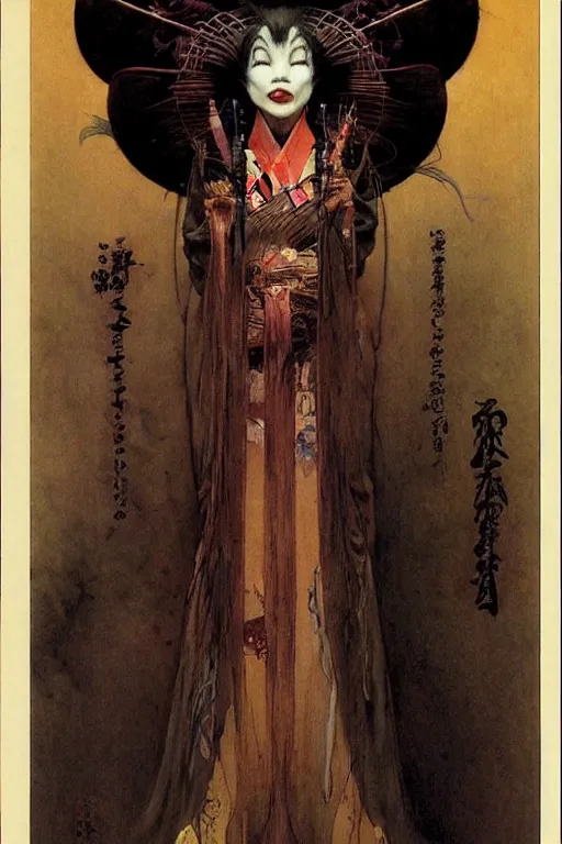 Image similar to geisha alchemist by wayne barlowe, gustav moreau, goward,  Gaston Bussiere and roberto ferri, santiago caruso, and austin osman spare, ((((occult art))))