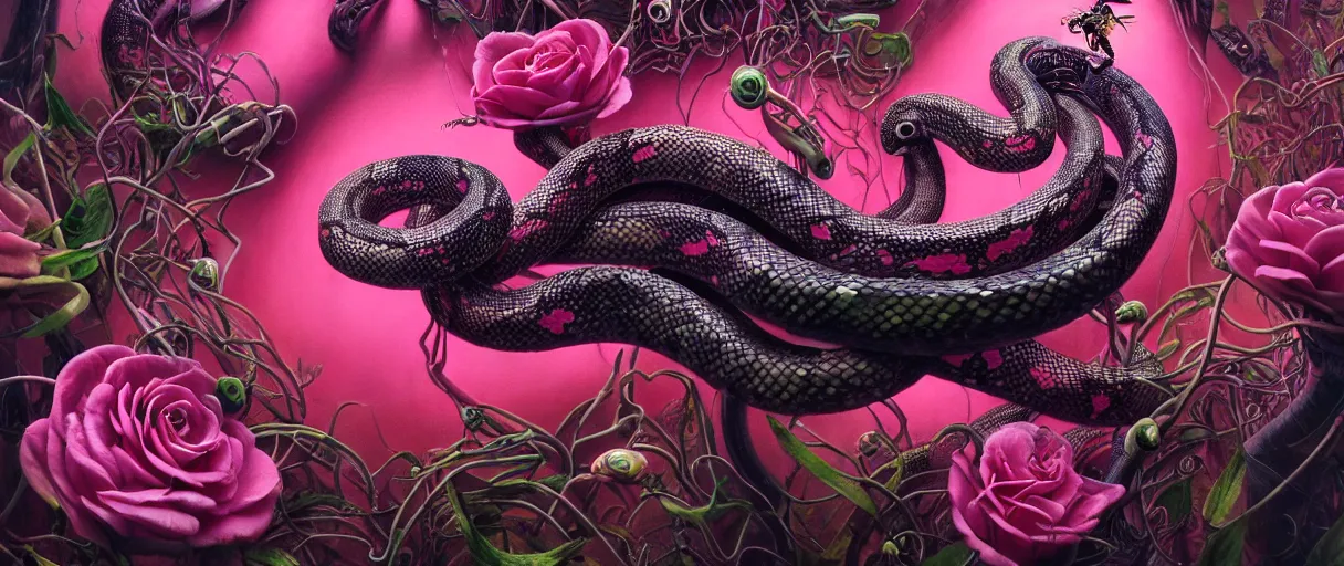 Image similar to hyperrealistic hyper detailed neo-surreal 35mm portrait of cyborg snake covered in gothic flowers matte painting concept art hannah yata dali very dramatic dark pink lighting low angle hd 8k sharp shallow depth of field