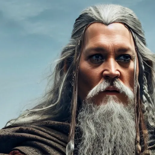 Prompt: Johnny Depp as Gandalf in the movie Lord of the Rings 8k hdr movie still