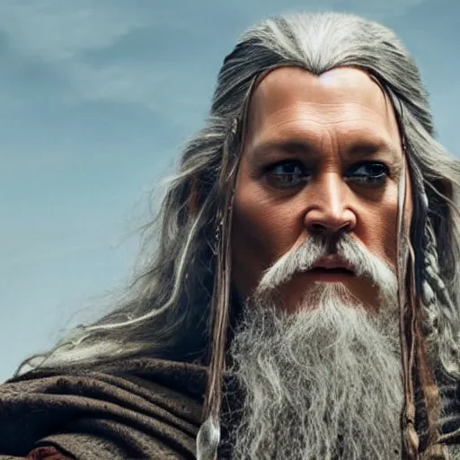 Image similar to Johnny Depp as Gandalf in the movie Lord of the Rings 8k hdr movie still