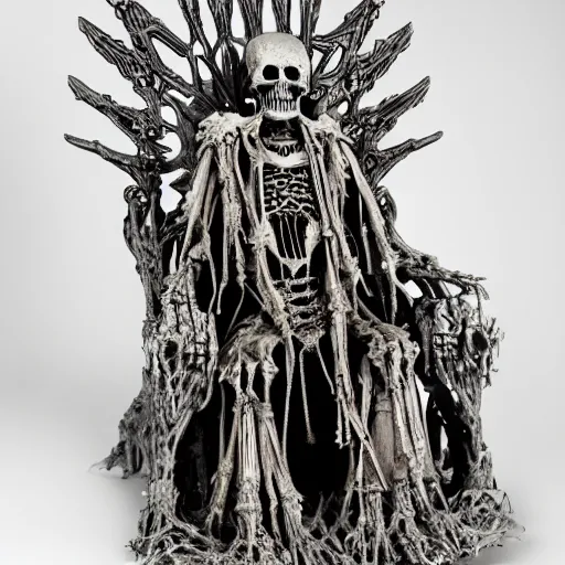 Image similar to A lich sitting on the throne made of bones, magical glow, intricate, sharp details, in the style of Kristian Wåhlin