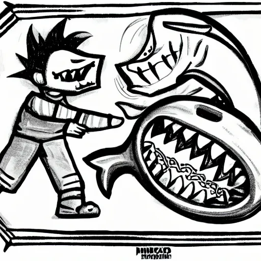 Image similar to a children's book illustration of a luchador wrestling a shark