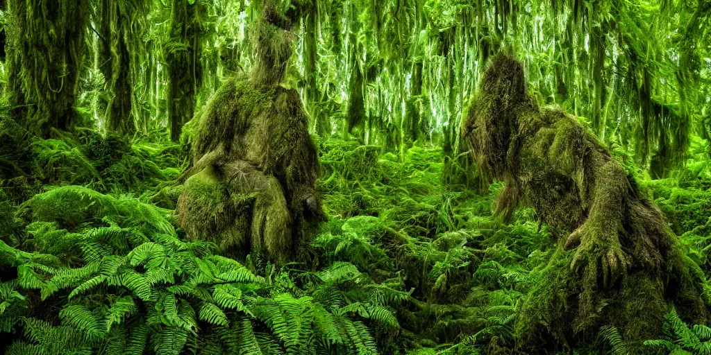 Prompt: a beautiful high fantasy god of the forest, its body made of trees and ferns and moss, dappled lighting, pentax photograph