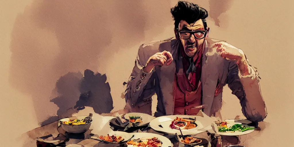 Prompt: cartoonish elvis costello eating dinner, vivid colors, character sheet, fine details, concept design, contrast, kim jung gi, greg rutkowski, watercolor, trending on artstation, 8 k, full body, turnaround, front view, back view, ultra wide angle