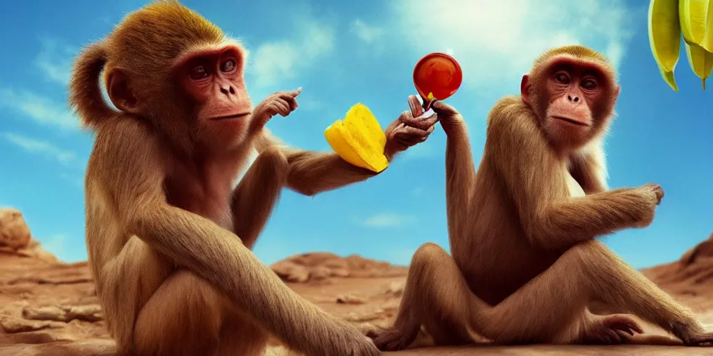 Prompt: monkey on planet mars eating banana, artstation top, high definition, deviant art, extremely beautiful