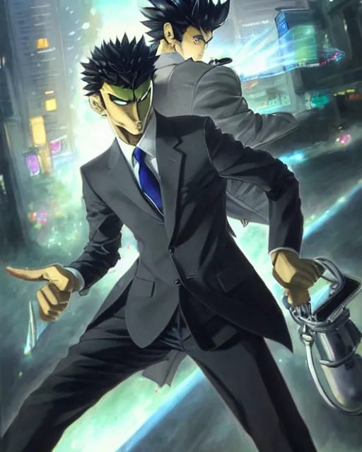 Image similar to gigachad luigi charging ultimate attack by yusuke murata wearing a suit in the city fighting a scifi mech, fantasy character portrait, ultra realistic, anime key visual, concept art, intricate details, highly detailed by greg rutkowski, ilya kuvshinov, gaston bussiere, craig mullins, simon bisley