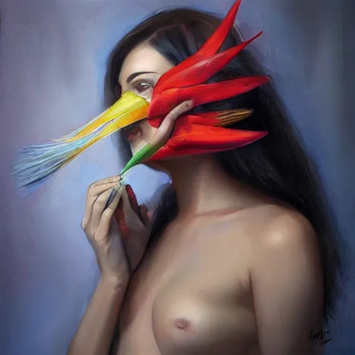 Image similar to portrait of beautiful woman with bird of paradise flower covering her face, art by marco mazzoni, dark background, asymmetrical, colors red white blue and black