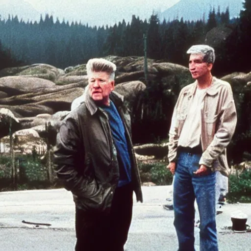 Prompt: David lynch directing on the set of Twin Peaks circa 1991