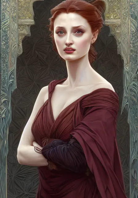 Image similar to sansa angeline jolie gessica chastain cold frozen snow ice winter, intricate, elegant, highly detailed, digital painting, artstation, concept art, smooth, sharp focus, illustration, art by artgerm and greg rutkowski and alphonse mucha and william - adolphe bouguereau