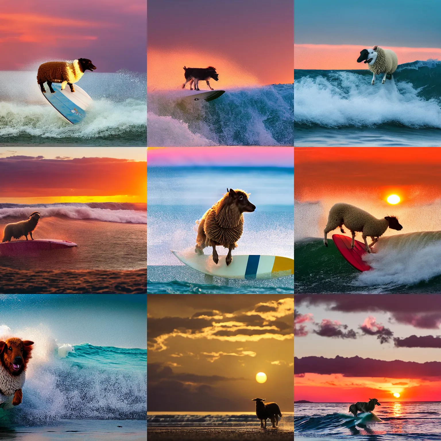 Prompt: sheep dog in summer riding huge waves on a surf board. red sky and setting sun