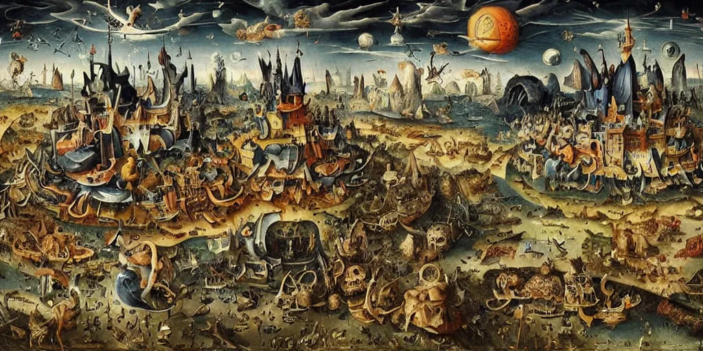 Image similar to beautiful ominous megastructure made by cats in the sky in the style of heironymus bosch, intricate masterpiece, hyper detailed, hd