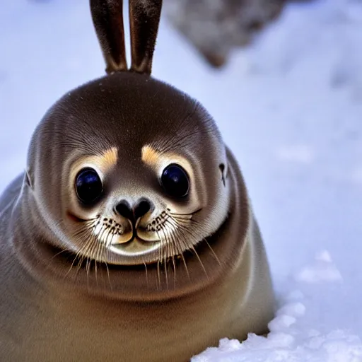 Prompt: photorealistic hd baby harpy seal with bunny ears in the snow, cute, arctic tundra, cold, high quality