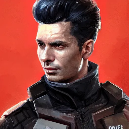 Prompt: Portrait of a man by Greg Rutkowski, he is about 30 years old, black quiff hair, his features are a mix between French, Turkish and Russian, strong, older brother vibes, he is wearing a futuristic police gear, highly detailed portrait, digital painting, artstation, concept art, smooth, sharp foccus ilustration, Artstation HQ.