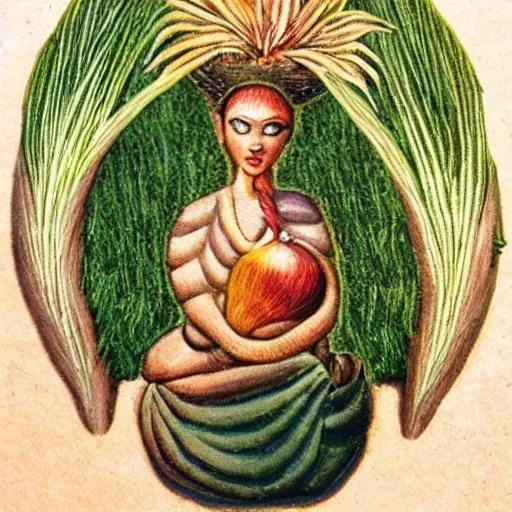 Image similar to spirit of onion, goddess with onion motif, nature, mother nature