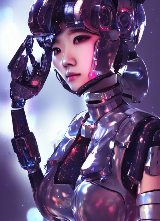 Image similar to a highly detailed portrait of a kpop idol mecha lady in spiked cyberpunk bioarmor trending on artstation by yoshitake amano, holographic undertones, 3 d cg, octane rendered, futuristic, 2 k aesthetic, dramatic lighting, 4 k