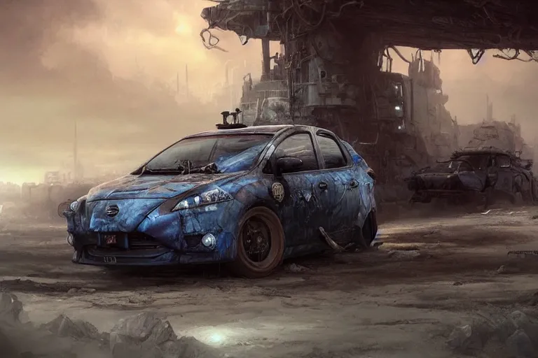 Image similar to a Nissan Tiida, in Mad Max style, coriolios rpg art style, full of details, dark sci-fi, cold blue colors, matte painting, artstation, 8k, hyperrealistic, style of peter mohrbacher