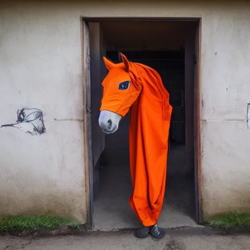 Image similar to horse with orange inmate clothes, in a jail