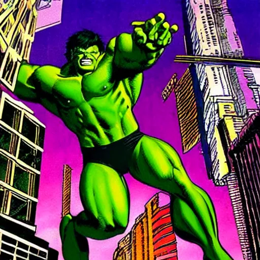Prompt: incredible hulk leaping over a building, comic book front cover art, bold, dot matrix