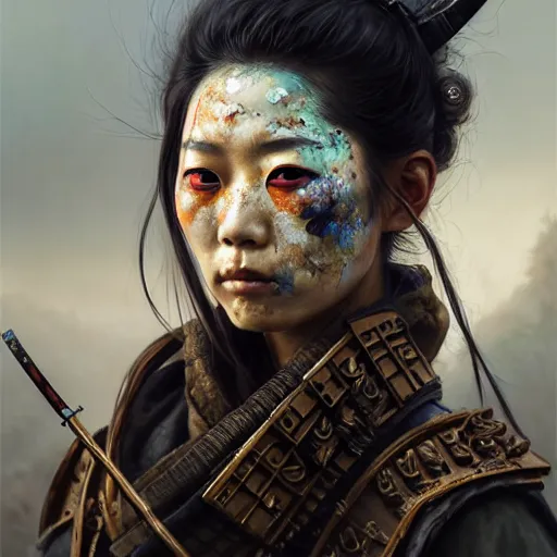 Image similar to portrait painting of a post - apocalyptic japanese lady wearing rusty samurai armor and traditional warpaint, ultra realistic, concept art, intricate details, eerie, highly detailed, photorealistic, octane render, 8 k, unreal engine. art by artgerm and greg rutkowski and charlie bowater and magali villeneuve and alphonse mucha