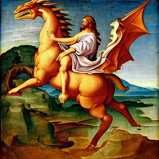 Prompt: jesus riding a dragon near a castle, renaissance painting, mystical