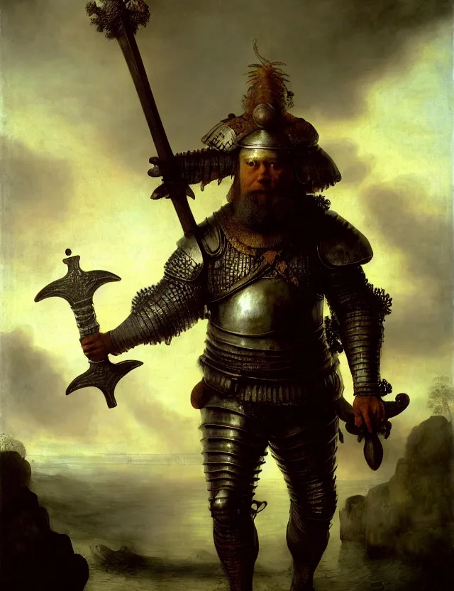 Prompt: anthropomorphic bipedal tropical fish that is wearing full steel plate armor, and holding a colossal sword in his hand, as a matte oil painting and d & d character art, by rembrandt, standing, fullbody, floating bubbles, sea foam, ocean spray, award - winning, extremely detailed, sharp focus