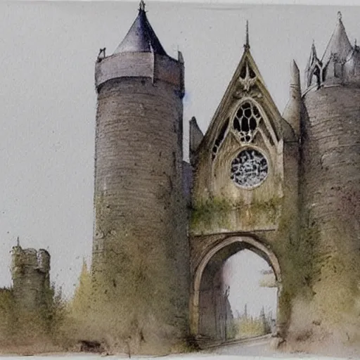 Image similar to (((((((watercolor sketch of Gothic revival castle gatehouse))))))) . muted colors. by Jean-Baptiste Monge !!!!!!!!!!!!!!!!!!!!!!!!!!!!!!!!!!!!!!!!