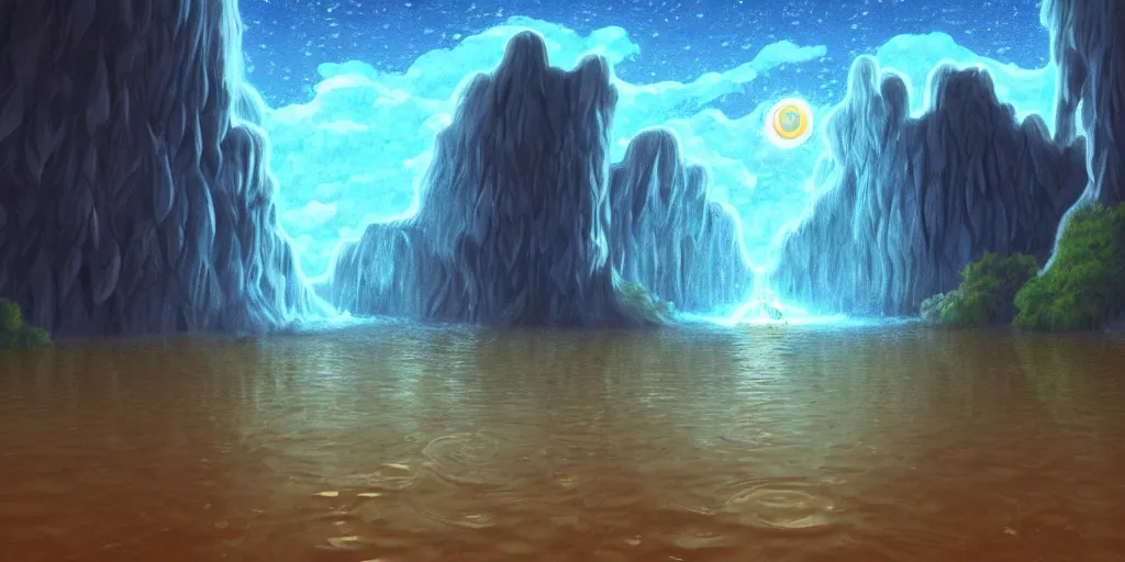 Prompt: a cell - shaded studio ghibli concept art study of a square dimensional portal doorway in a flooded desert on a misty starry night. a waterfall is flowing out of the portal. very dull colors, hd, 4 k, hq